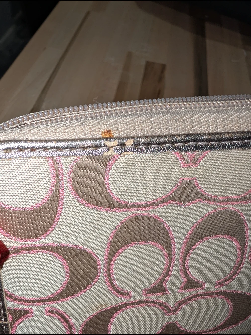 Coach Signature Canvas Zip Wallet in Pink & Beige
